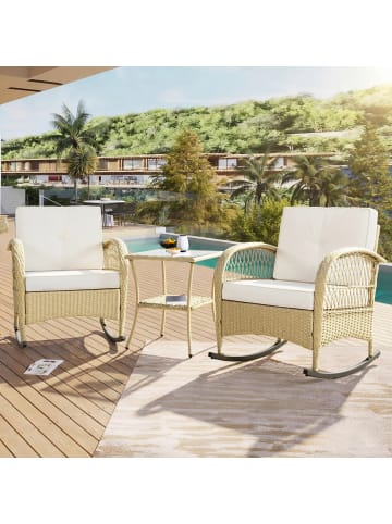 ABRIHOME Rattan Schaukelstuhl-Set mit 2 Stühlen und Glas-Tisch in Beige