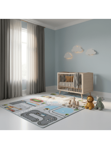KADIMA DESIGN Kinderteppich Waschbar Spielstraße TRAUN Strapazierfähig OEKO-TEX in Grau