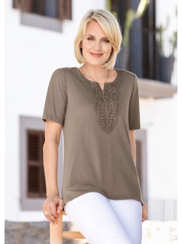 GOLDNER Kurzgröße:  T-Shirt mit Spitze Rundhalsshirt mit Häkelspitze in mocca