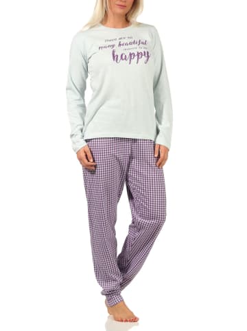 NORMANN langarm Schlafanzug Pyjama Schriftzug und karierter Hose - 64540 in türkis