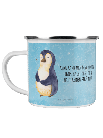 Mr. & Mrs. Panda Camping Emaille Tasse Pinguin Diät mit Spruch in Eisblau