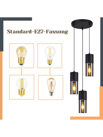 ZMH Pendelleuchte 3-flammige E27 in Schwarz Glas rund Metall Pendellampe