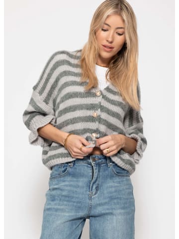 SASSYCLASSY Gestreifter Cardigan mit 3/4-Ärmeln in Grau