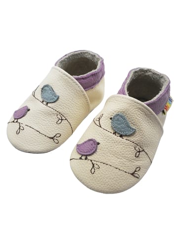 Yalion Baby-Lederlaufschuhe mit rutschfester Sohle – Cremefarben mit Vogelmotiv 