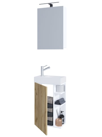 VCM  2-tlg Gäste WC Bad Waschtisch Lumia Spiegelschrank in Weiß / Honig-Eiche