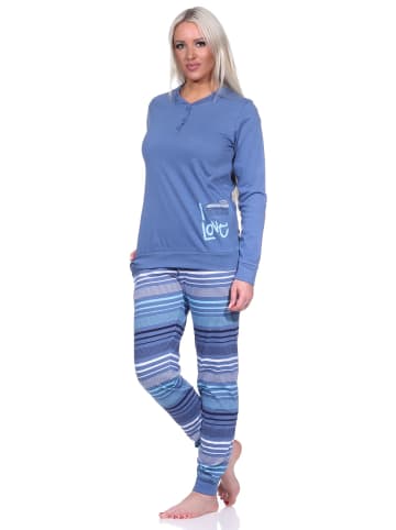 NORMANN Pyjama Bündchen und gestreifter Hose - 75664 in blau-melange