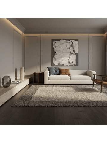 KADIMA DESIGN Teppich Hochflor Shaggy Waschbar Bordüre RHEIN Strapazierfähig in Taupe