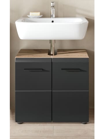 Inn.Furn Waschbeckenunterschrank schwarz matt, Eiche Nox, Waschtisch Badschrank 60 cm