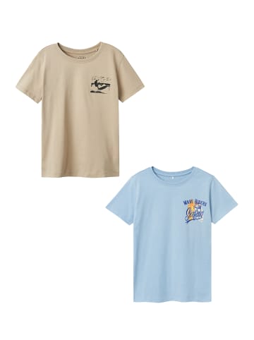 name it T-Shirt 2er-Set Kurzarm Normal geschnitten Rundhals in Beige-Dunkelblau