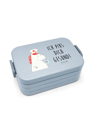 Mr. & Mrs. Panda Brotbox Einhorn Krankenschwester Motiv mit Spruch in Blau Pastell