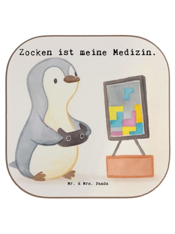 Mr. & Mrs. Panda Glasuntersetzer Pinguin Zocken Design mit Spruch in Weiß