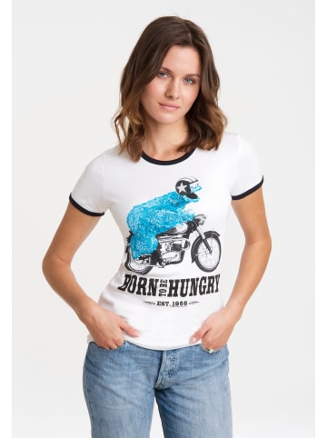 Logoshirt T-Shirt Sesamstrasse – Krümelmonster Motorrad in weiss-dunkelblau