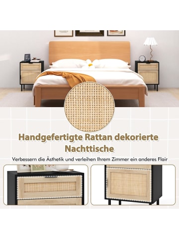 COSTWAY 2er Set Nachttisch Rattan in Schwarz