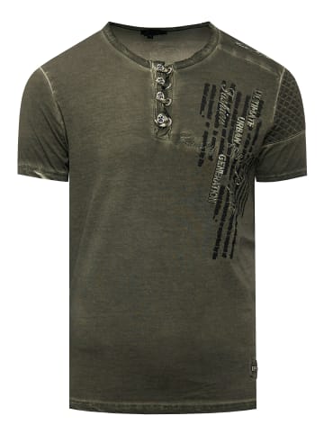 Rusty Neal Oil-Washed T-Shirt mit Knopfleiste in Khaki
