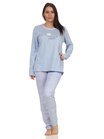 NORMANN Schlafanzug Pyjama langarm Blümchen Design in blau
