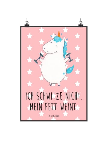 Mr. & Mrs. Panda Kunstdruck Einhorn Fitness mit Spruch in Rot Pastell