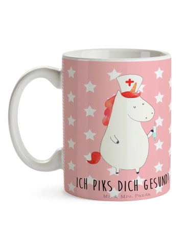 Mr. & Mrs. Panda Trinkbecher Einhorn Krankenschwester mit Spruch in Rot Pastell