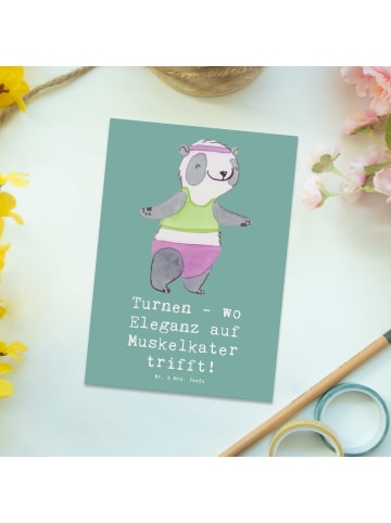 Mr. & Mrs. Panda Postkarte Turnen Eleganz mit Spruch in Meeresbrise