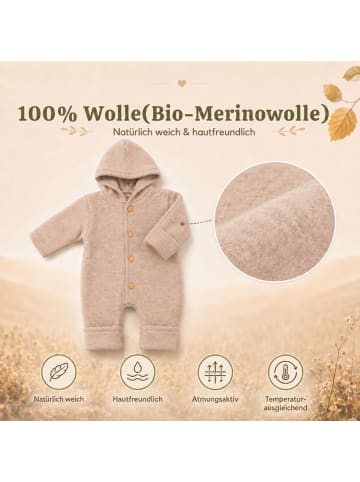 Kinderhaus Blaubär Baby-Overall mit Kapuze, Holzknöpfen & Mulltuch Blaubaer in Sand Melange
