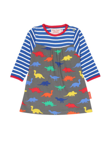 Toby Tiger Kleid mit Dinosaurier und Streifen Print in blau