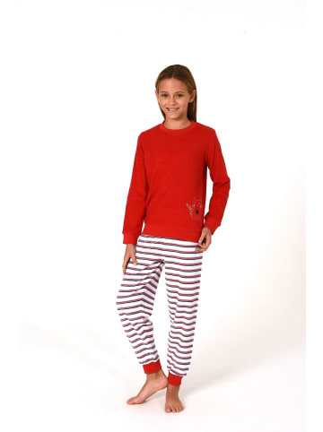 NORMANN Schlafanzug Frottee Pyjama Bündchen und Streifen - 82521 in rot