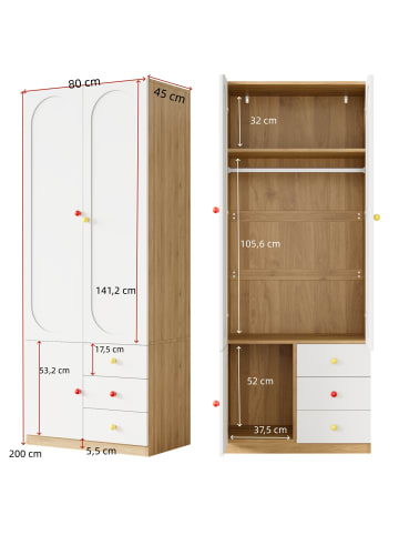 ABRIHOME Kleiderschrank in Weiß mit 2 Türen Schubladen Stange 80x45x200 cm