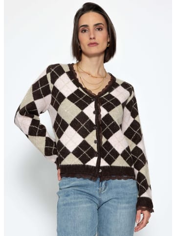 SASSYCLASSY Strickjacke mit Rautenmuster und Spitzenborte in Braun