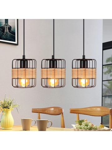 ZMH Pendelleuchte 3-flammige E27 in Schwarz Rattan rechteckig Vintage