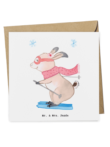 Mr. & Mrs. Panda Einladungskarte Hase Skifahren ohne Spruch in Weiß