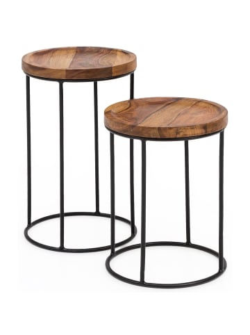 KADIMA DESIGN Massivholz Beistelltische, Industrieller Stil, Sheesham Holz und Metall, 2er Set