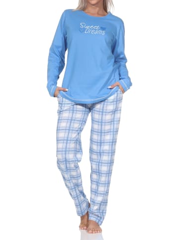 NORMANN Schlafanzug langarm Pyjama karierter Hose Jersey Übergrößen in blau