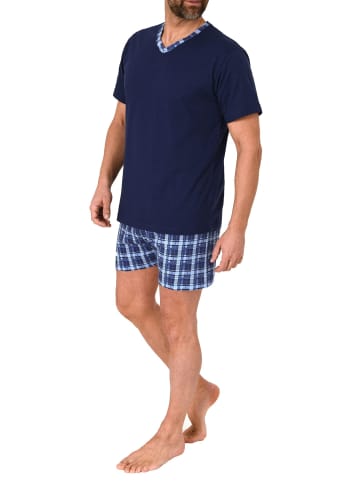 NORMANN Schlafanzug kurzarm Shorty mit karierter Jersey Hose - 86242 in navy