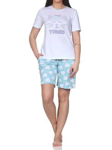 NORMANN Kurzarm Shorty Schlafanzug Pyjama Katzenmotiv in türkis