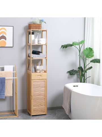 Kleankin Badezimmerschrank-32L x 30B x 163H cm-Naturholz