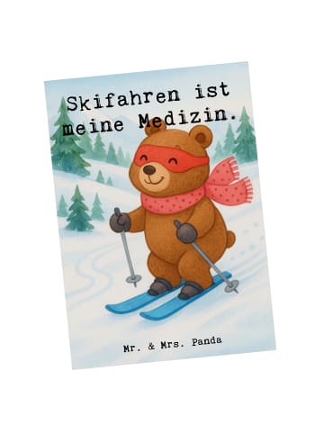 Mr. & Mrs. Panda Postkarte Hase Skifahren Design mit Spruch in Weiß