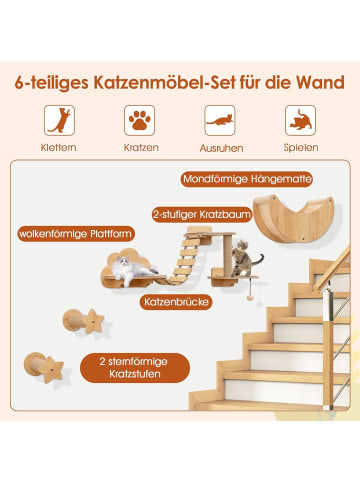 COSTWAY 6 tlg. Kletterwand Kratzbaum Hängematte Holz in Hellbraun