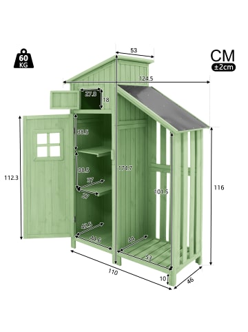 ABRIHOME Gerätehaus in Grün Tannenholz mit 2 Ablagen 124x46x174 cm