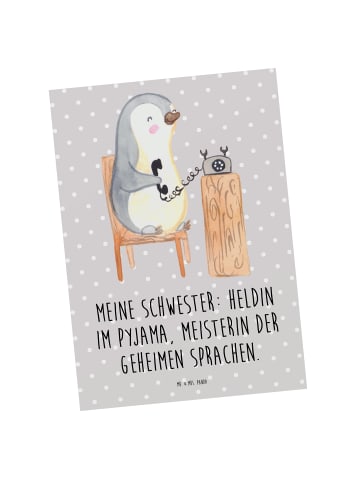 Mr. & Mrs. Panda Postkarte Schwester Heldin mit Spruch in Grau Pastell
