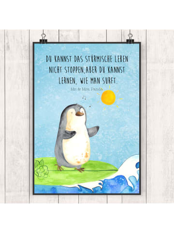 Mr. & Mrs. Panda Wandbild Pinguin Surfer mit Spruch in Eisblau
