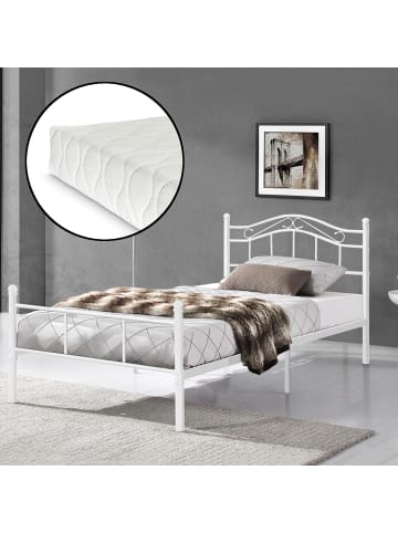 en.casa Metallbett Florenz mit Matratze in Weiß (H)84cm (L)200cm (B)120cm