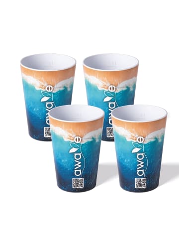 Stoneline 4tlg. Festival Becher-Set 300 ml, rPET, mit Eichstrich, Ozean Motiv in Blau