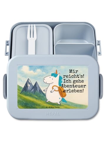 Mr. & Mrs. Panda Lunch Box Einhorn Bergsteiger Design mit Spruch in Blau Pastell