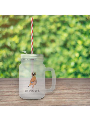 Mr. & Mrs. Panda Trinkglas Mason Jar Faultier Kaffee mit Spruch in Transparent