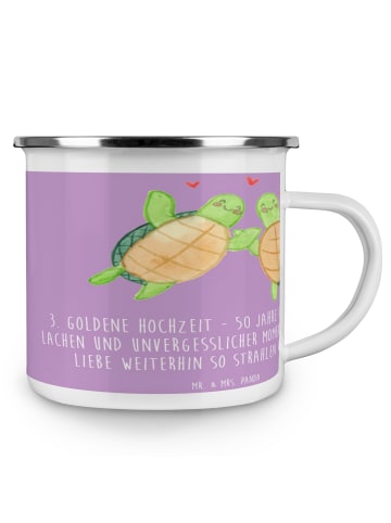 Mr. & Mrs. Panda Camping Emaille Tasse 50. Hochzeitstag mit Spruch in Lavendeltraum