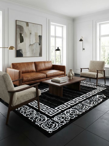 KADIMA DESIGN Teppich Kurzflor Waschbar Mäander ASPEN Strapazierfähig OEKO-TEX in Schwarz