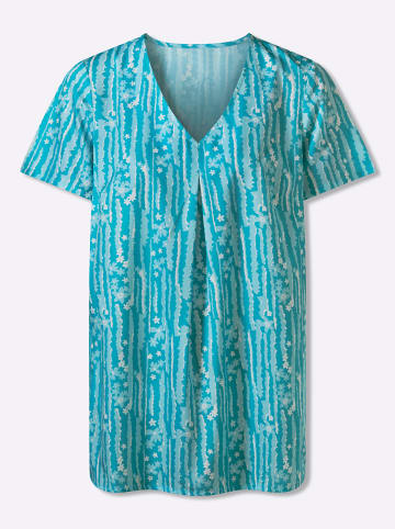 Sieh an! Kurzarm-Bluse in türkis-ecru-bedruckt