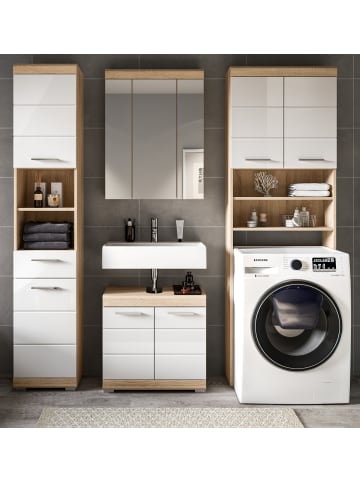 Inn.Furn Badmöbel-Set weiß Hochglanz, Eiche 4-teilig 190 cm, viel Stauraum