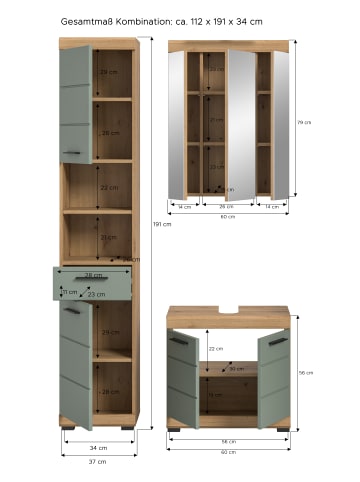 xonox.home Badkombination in Artisan Eiche/Salbei - (B) 112 x (H) 191 x (T) 34