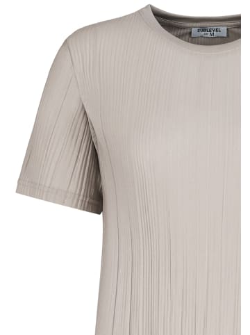 Sublevel Geripptes Kleid mit kurzem Arm und Rundhalsausschnitt in Beige-2