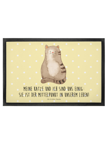 Mr. & Mrs. Panda Fußabtreter Katze Sitzen mit Spruch in Gelb Pastell